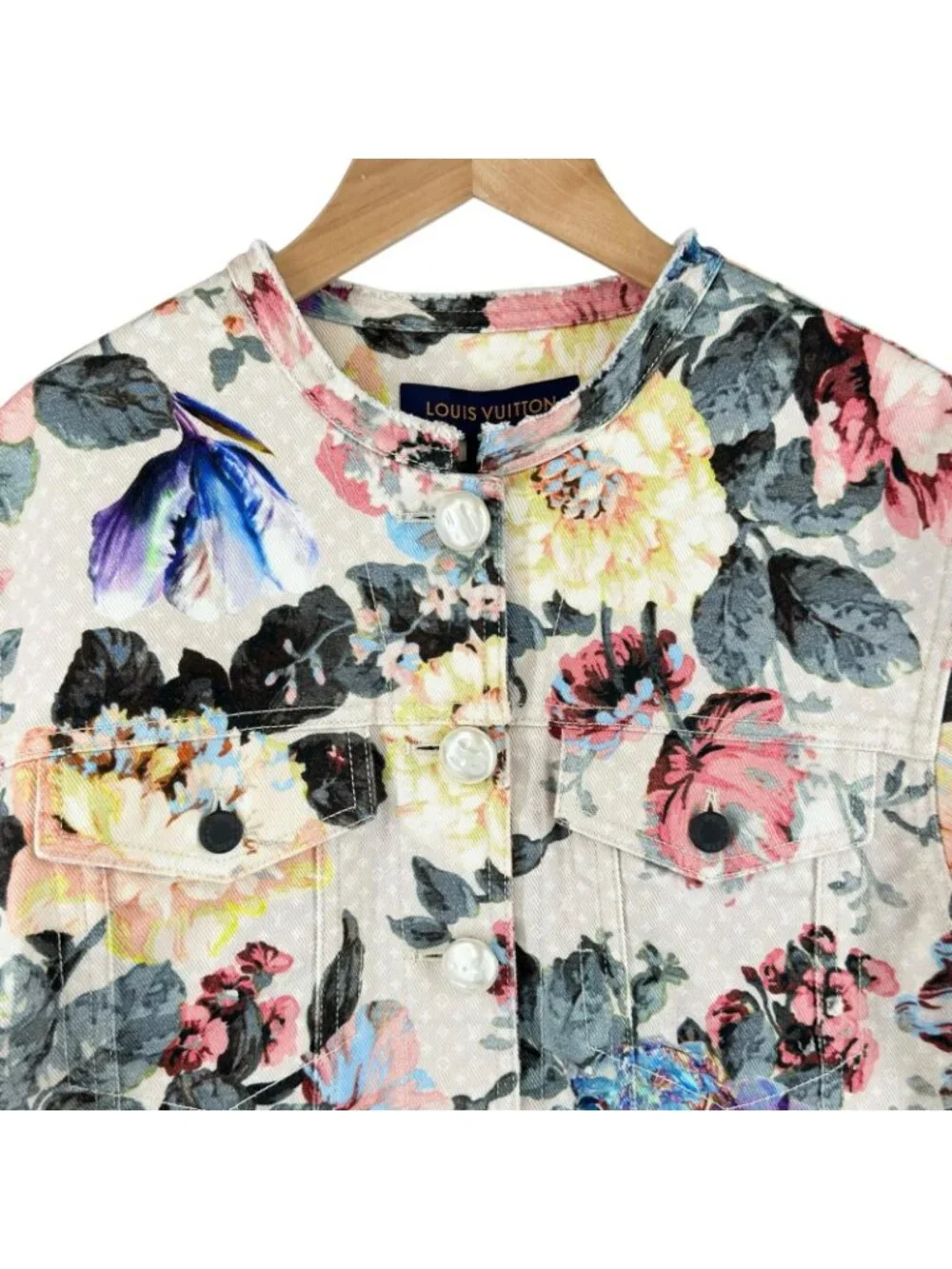 Louis Vuitton Flower Monogram Print Collarless Jacket AW Denim Cotton